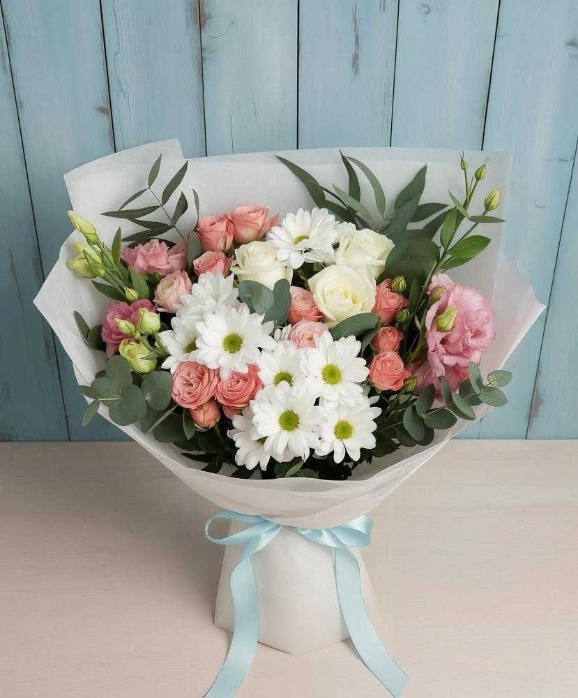 Букет цветов из: Розы, Лизиантусы и Хризантемы в Кузнецово