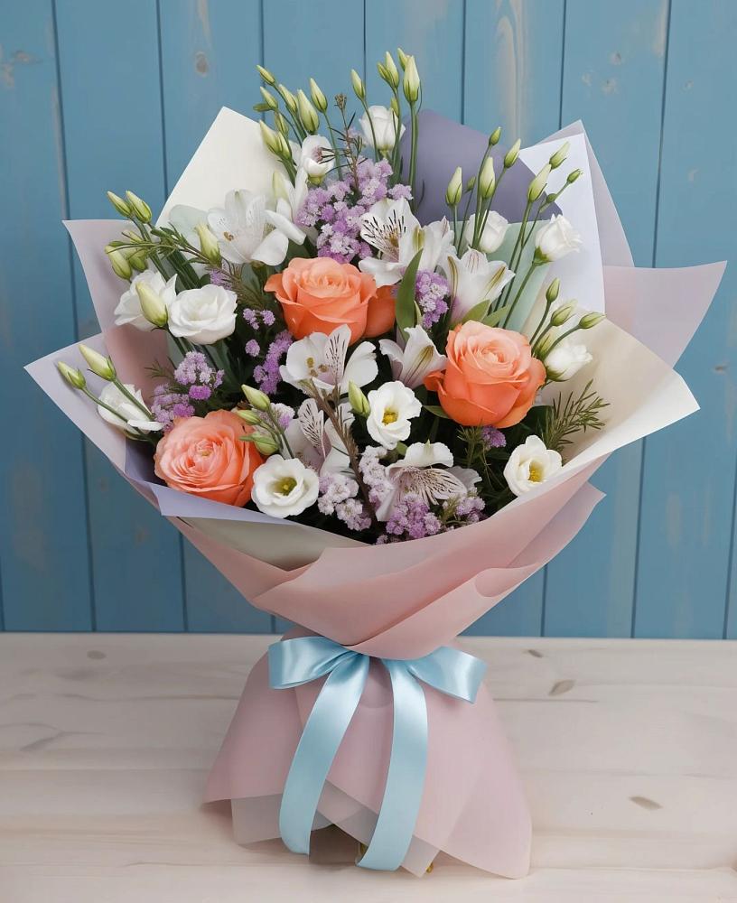 Букет цветов из: Лизиантусы, Розы, Альстромерии и Гипсофила в Кузнецово
