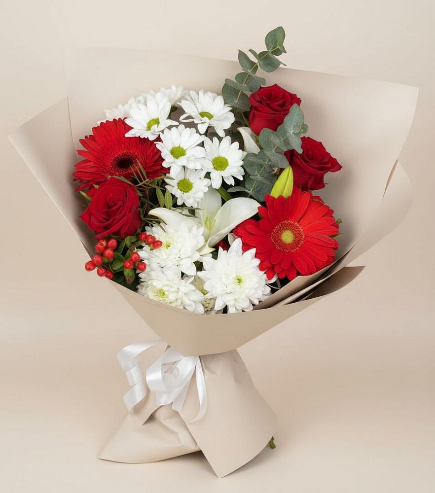 Букет цветов из: Розы, Хризантемы, Герберы и Лилии в Кузнецово
