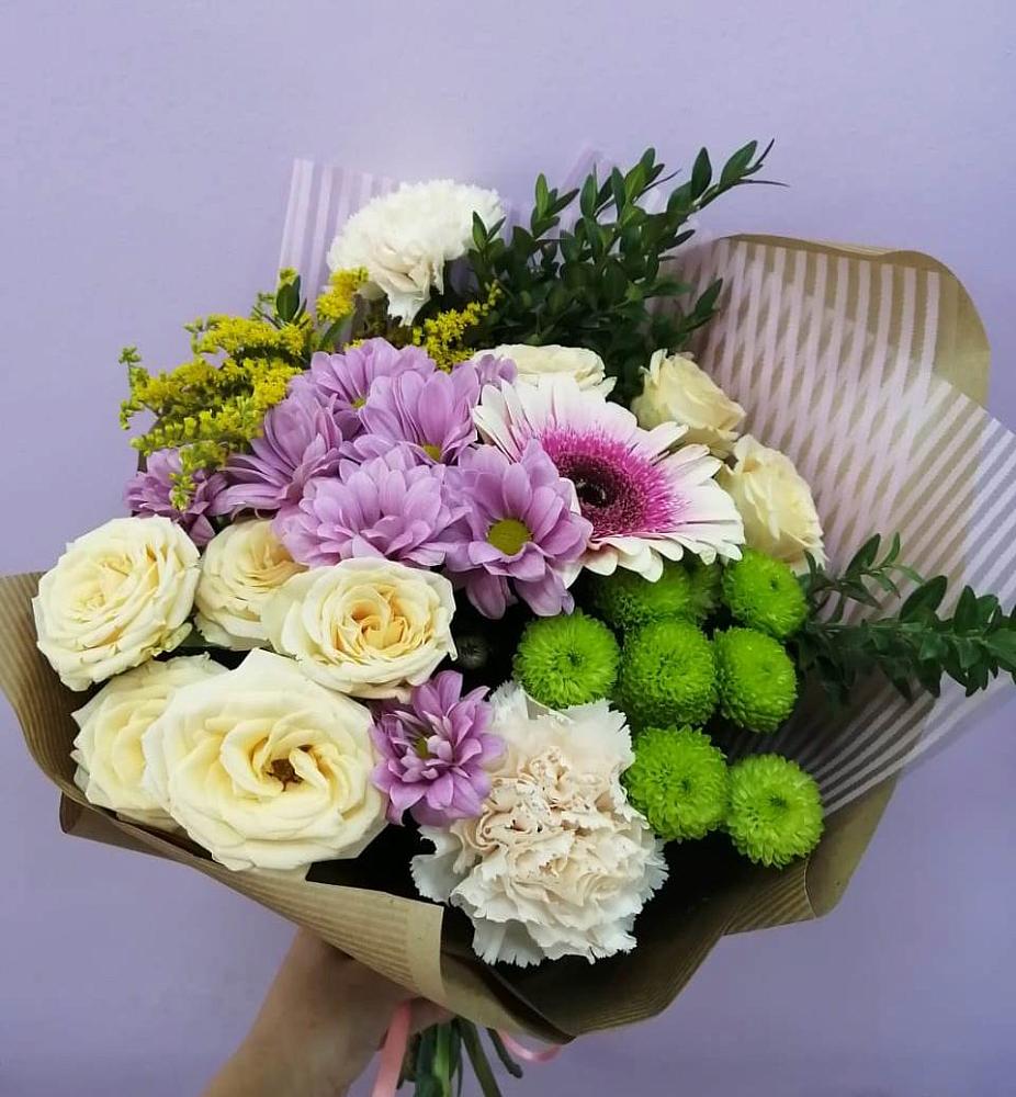 Букет цветов из: Хризантемы, Розы, Гвоздики и Герберы в Кузнецово